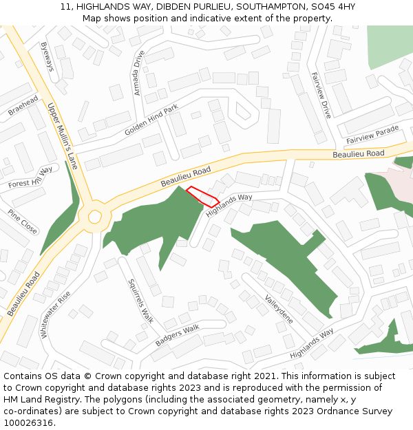 11, HIGHLANDS WAY, DIBDEN PURLIEU, SOUTHAMPTON, SO45 4HY: Location map and indicative extent of plot