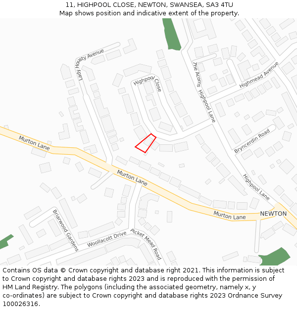 11, HIGHPOOL CLOSE, NEWTON, SWANSEA, SA3 4TU: Location map and indicative extent of plot