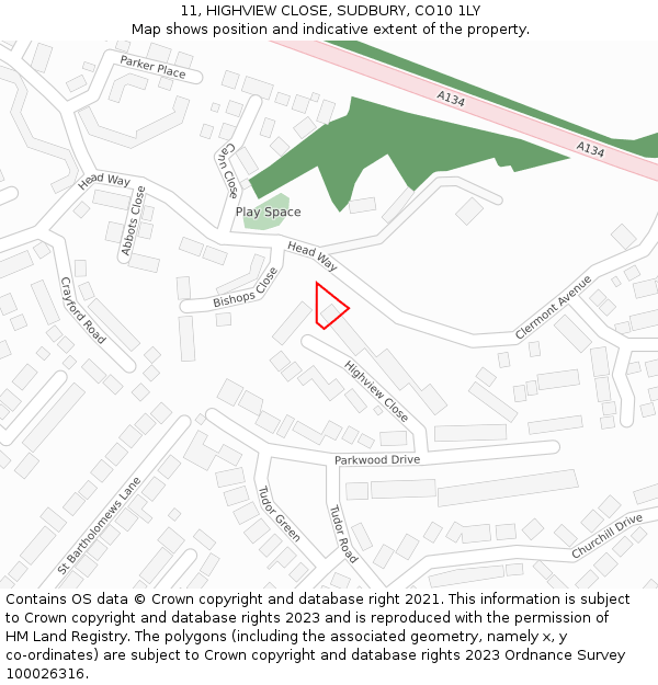 11, HIGHVIEW CLOSE, SUDBURY, CO10 1LY: Location map and indicative extent of plot