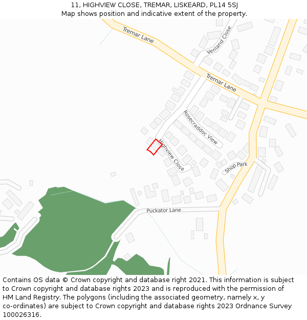 11, HIGHVIEW CLOSE, TREMAR, LISKEARD, PL14 5SJ: Location map and indicative extent of plot