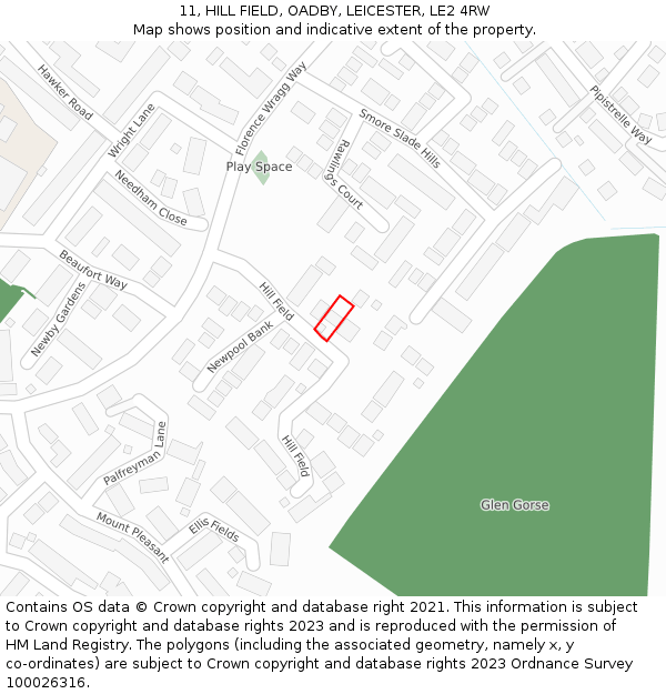11, HILL FIELD, OADBY, LEICESTER, LE2 4RW: Location map and indicative extent of plot