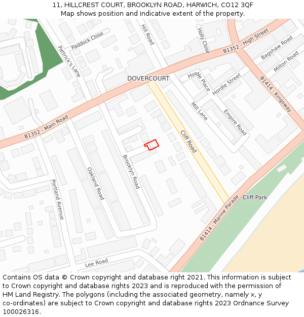 11, HILLCREST COURT, BROOKLYN ROAD, HARWICH, CO12 3QF: Location map and indicative extent of plot