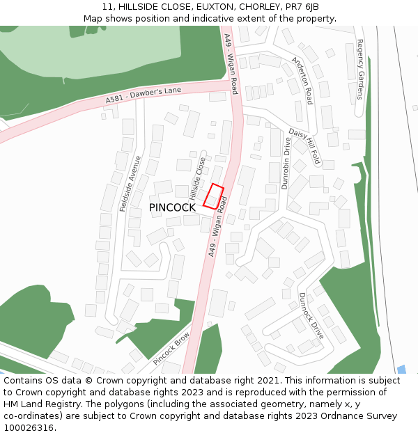 11, HILLSIDE CLOSE, EUXTON, CHORLEY, PR7 6JB: Location map and indicative extent of plot