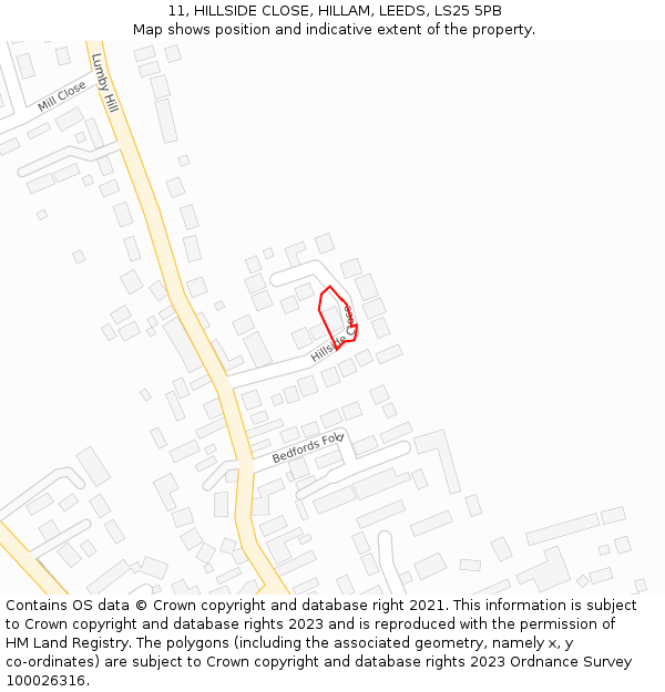 11, HILLSIDE CLOSE, HILLAM, LEEDS, LS25 5PB: Location map and indicative extent of plot