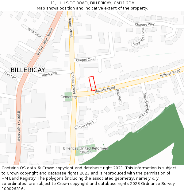 11, HILLSIDE ROAD, BILLERICAY, CM11 2DA: Location map and indicative extent of plot