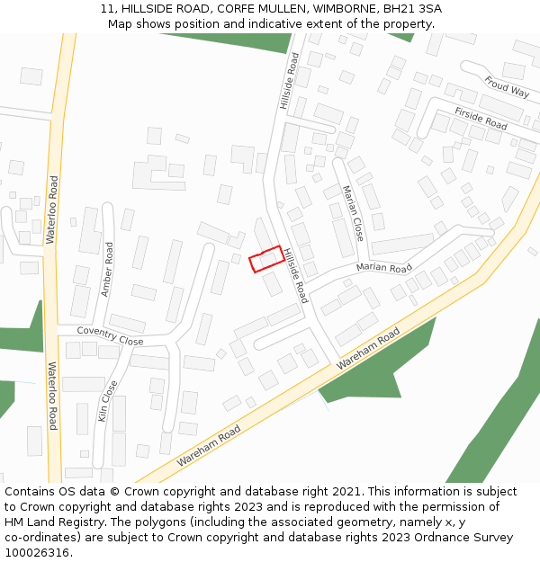 11, HILLSIDE ROAD, CORFE MULLEN, WIMBORNE, BH21 3SA: Location map and indicative extent of plot