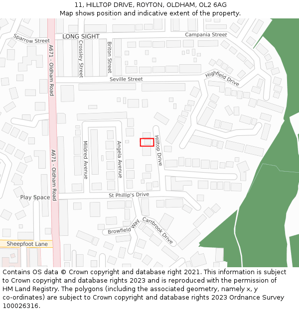 11, HILLTOP DRIVE, ROYTON, OLDHAM, OL2 6AG: Location map and indicative extent of plot