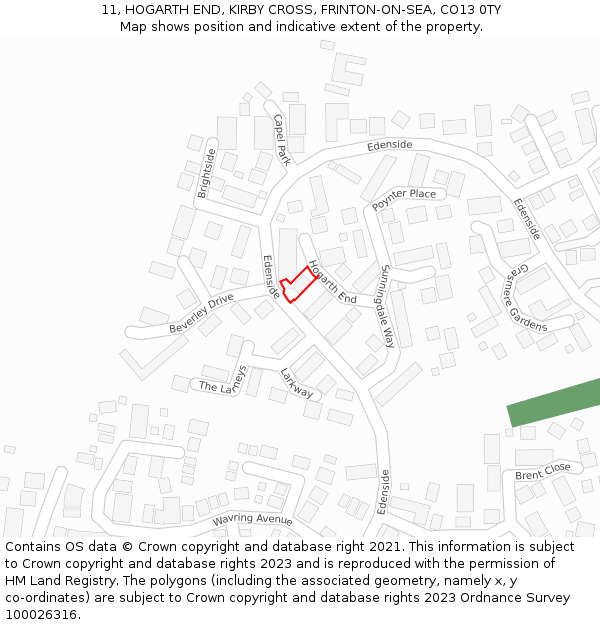 11, HOGARTH END, KIRBY CROSS, FRINTON-ON-SEA, CO13 0TY: Location map and indicative extent of plot