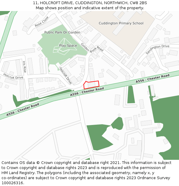 11, HOLCROFT DRIVE, CUDDINGTON, NORTHWICH, CW8 2BS: Location map and indicative extent of plot