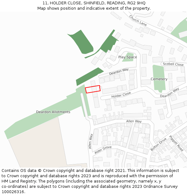11, HOLDER CLOSE, SHINFIELD, READING, RG2 9HQ: Location map and indicative extent of plot