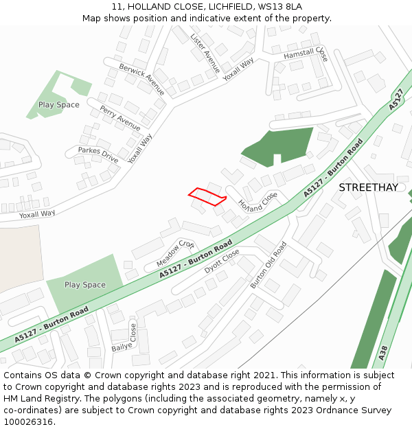 11, HOLLAND CLOSE, LICHFIELD, WS13 8LA: Location map and indicative extent of plot