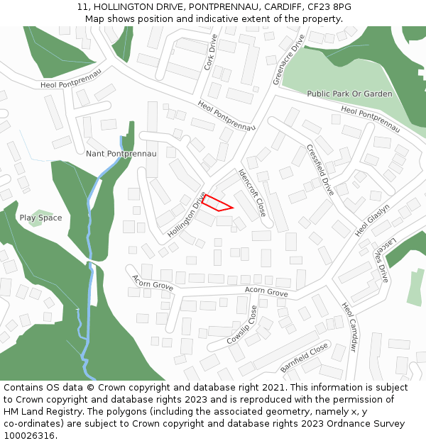 11, HOLLINGTON DRIVE, PONTPRENNAU, CARDIFF, CF23 8PG: Location map and indicative extent of plot