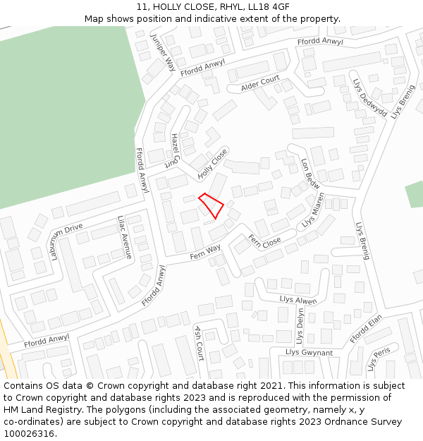 11, HOLLY CLOSE, RHYL, LL18 4GF: Location map and indicative extent of plot