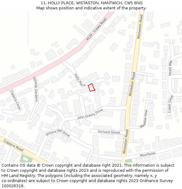 11, HOLLY PLACE, WISTASTON, NANTWICH, CW5 6NG: Location map and indicative extent of plot