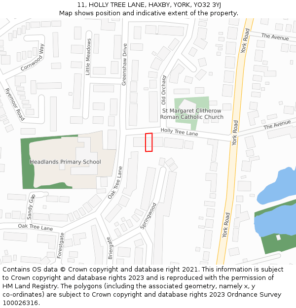 11, HOLLY TREE LANE, HAXBY, YORK, YO32 3YJ: Location map and indicative extent of plot