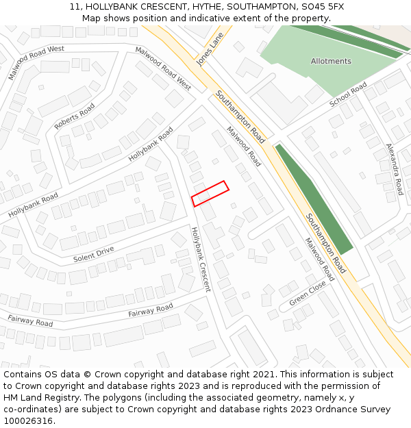 11, HOLLYBANK CRESCENT, HYTHE, SOUTHAMPTON, SO45 5FX: Location map and indicative extent of plot