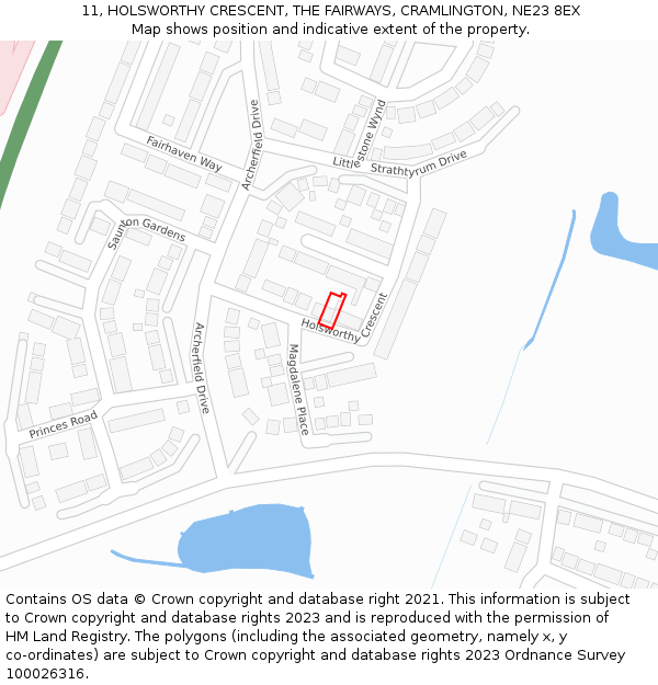 11, HOLSWORTHY CRESCENT, THE FAIRWAYS, CRAMLINGTON, NE23 8EX: Location map and indicative extent of plot