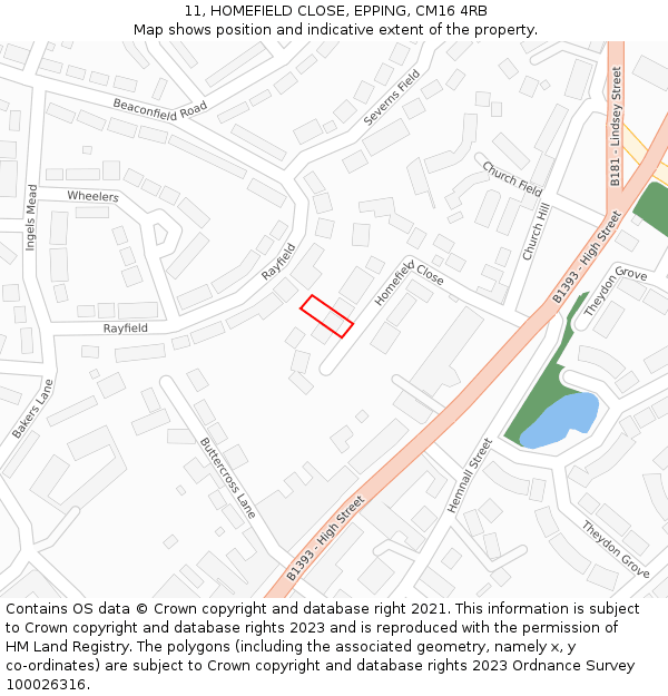 11, HOMEFIELD CLOSE, EPPING, CM16 4RB: Location map and indicative extent of plot