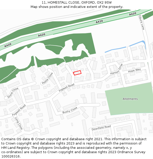 11, HOMESTALL CLOSE, OXFORD, OX2 9SW: Location map and indicative extent of plot