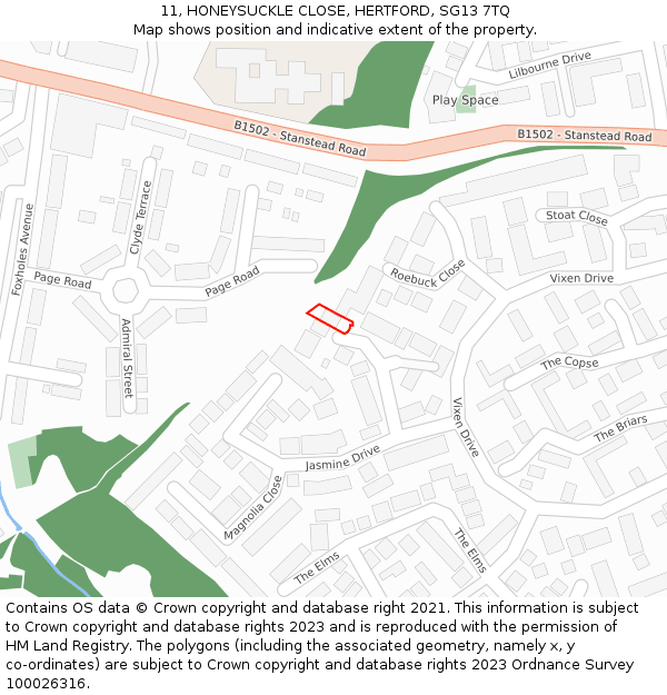 11, HONEYSUCKLE CLOSE, HERTFORD, SG13 7TQ: Location map and indicative extent of plot
