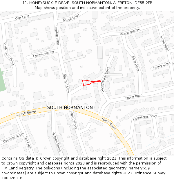 11, HONEYSUCKLE DRIVE, SOUTH NORMANTON, ALFRETON, DE55 2FR: Location map and indicative extent of plot