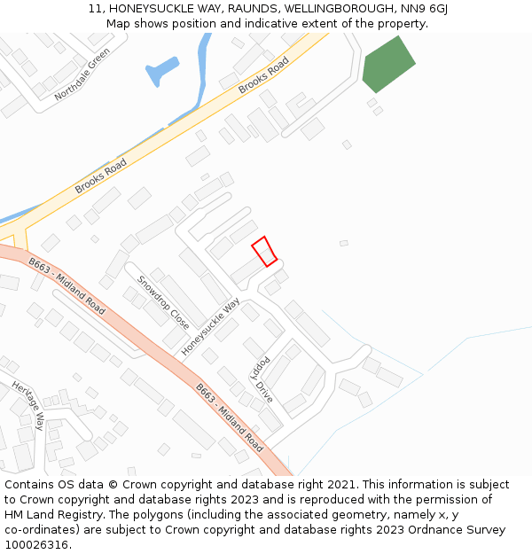 11, HONEYSUCKLE WAY, RAUNDS, WELLINGBOROUGH, NN9 6GJ: Location map and indicative extent of plot