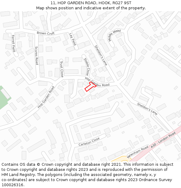 11, HOP GARDEN ROAD, HOOK, RG27 9ST: Location map and indicative extent of plot