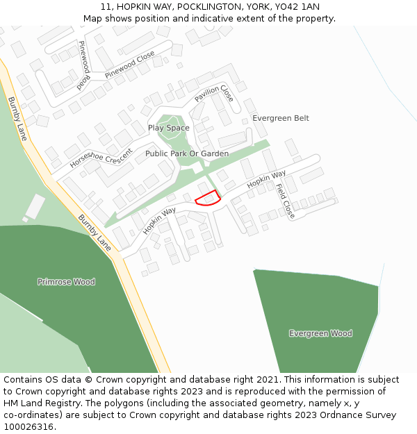 11, HOPKIN WAY, POCKLINGTON, YORK, YO42 1AN: Location map and indicative extent of plot