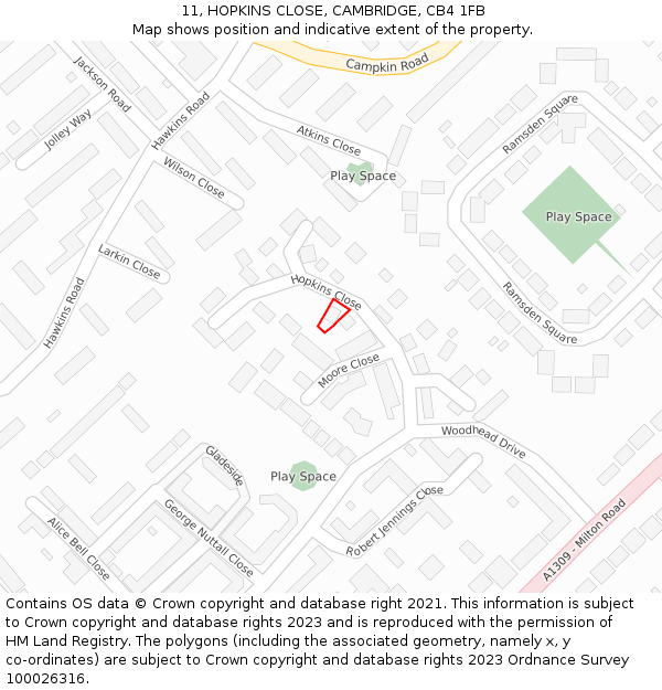 11, HOPKINS CLOSE, CAMBRIDGE, CB4 1FB: Location map and indicative extent of plot