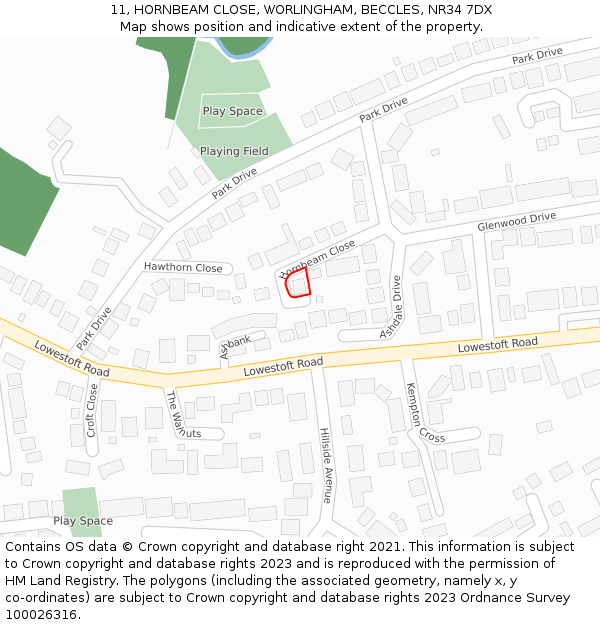 11, HORNBEAM CLOSE, WORLINGHAM, BECCLES, NR34 7DX: Location map and indicative extent of plot