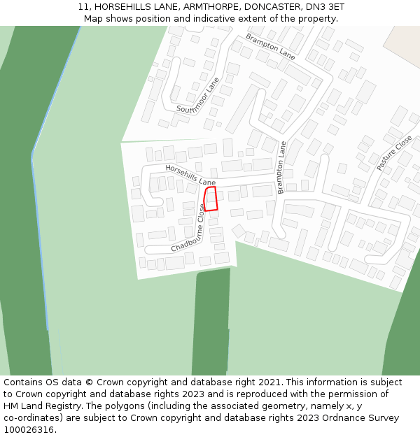 11, HORSEHILLS LANE, ARMTHORPE, DONCASTER, DN3 3ET: Location map and indicative extent of plot