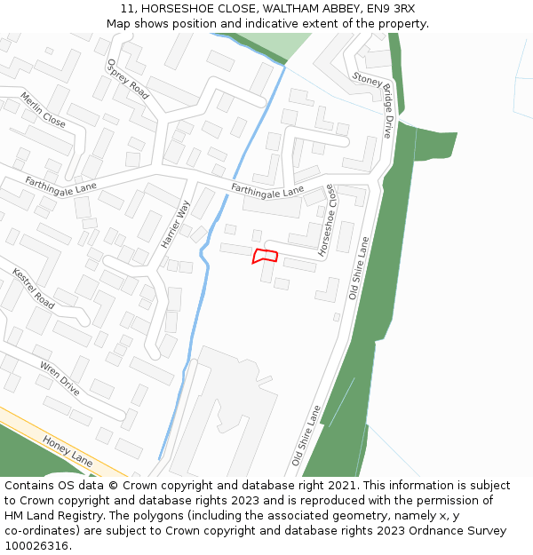 11, HORSESHOE CLOSE, WALTHAM ABBEY, EN9 3RX: Location map and indicative extent of plot