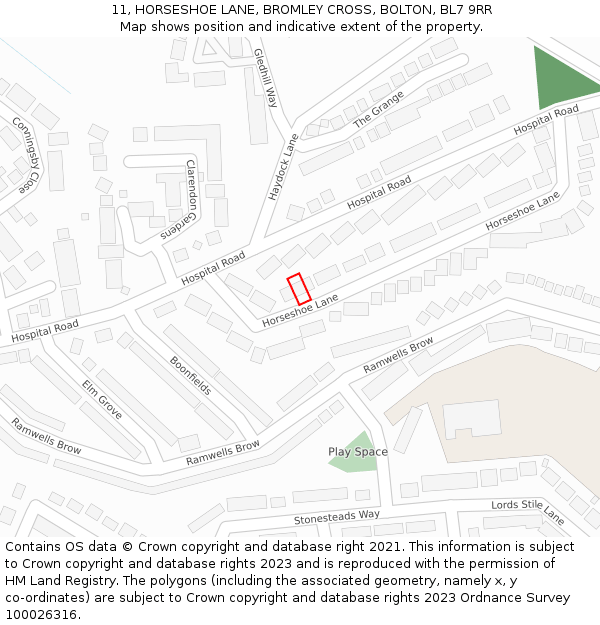 11, HORSESHOE LANE, BROMLEY CROSS, BOLTON, BL7 9RR: Location map and indicative extent of plot