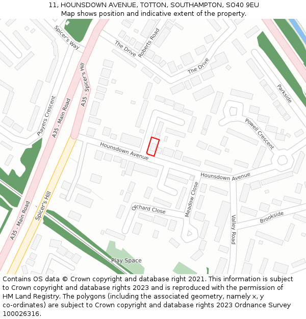 11, HOUNSDOWN AVENUE, TOTTON, SOUTHAMPTON, SO40 9EU: Location map and indicative extent of plot