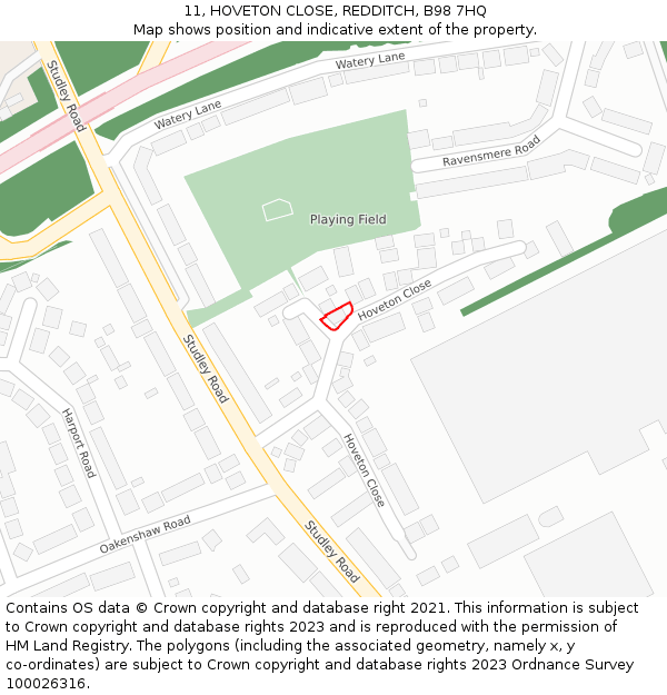 11, HOVETON CLOSE, REDDITCH, B98 7HQ: Location map and indicative extent of plot