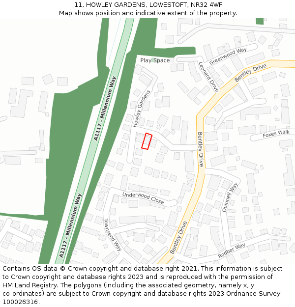 11, HOWLEY GARDENS, LOWESTOFT, NR32 4WF: Location map and indicative extent of plot