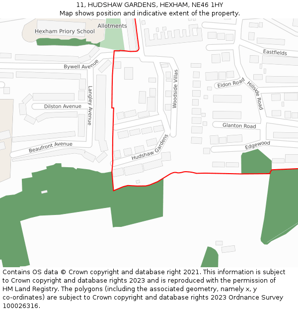 11, HUDSHAW GARDENS, HEXHAM, NE46 1HY: Location map and indicative extent of plot