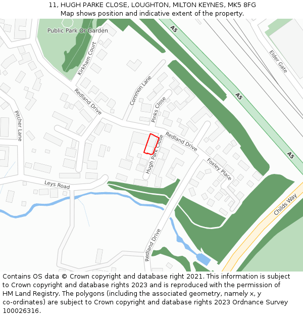 11, HUGH PARKE CLOSE, LOUGHTON, MILTON KEYNES, MK5 8FG: Location map and indicative extent of plot