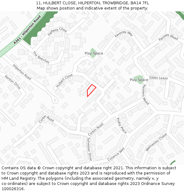 11, HULBERT CLOSE, HILPERTON, TROWBRIDGE, BA14 7FL: Location map and indicative extent of plot