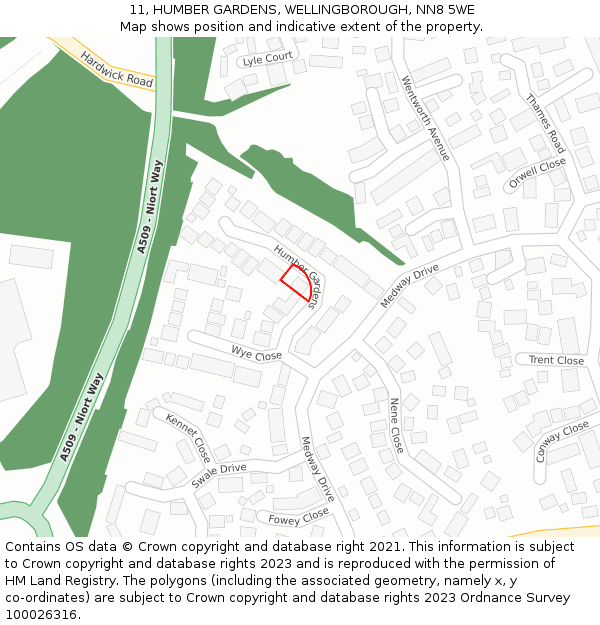 11, HUMBER GARDENS, WELLINGBOROUGH, NN8 5WE: Location map and indicative extent of plot