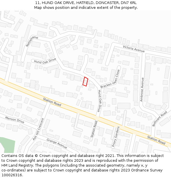 11, HUND OAK DRIVE, HATFIELD, DONCASTER, DN7 6RL: Location map and indicative extent of plot