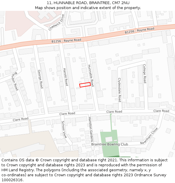 11, HUNNABLE ROAD, BRAINTREE, CM7 2NU: Location map and indicative extent of plot