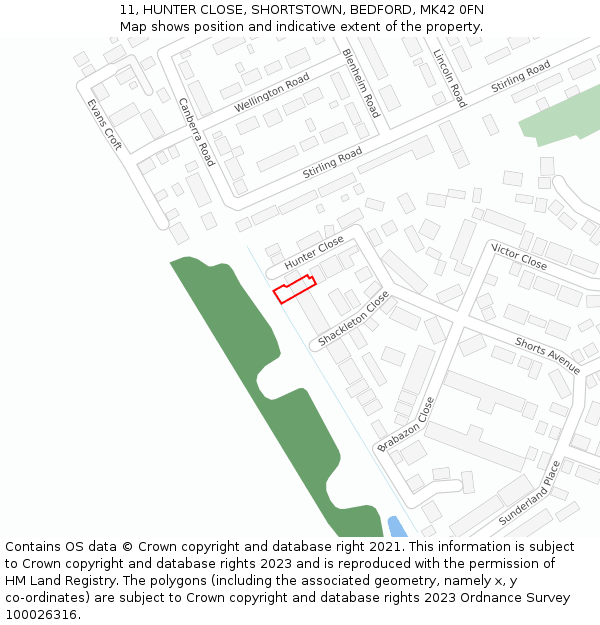 11, HUNTER CLOSE, SHORTSTOWN, BEDFORD, MK42 0FN: Location map and indicative extent of plot