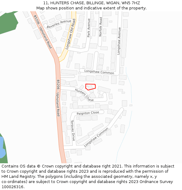 11, HUNTERS CHASE, BILLINGE, WIGAN, WN5 7HZ: Location map and indicative extent of plot