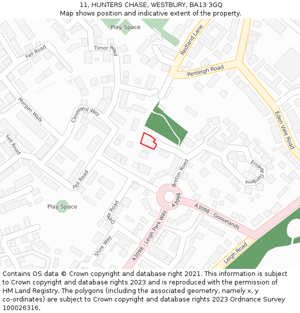 11, HUNTERS CHASE, WESTBURY, BA13 3GQ: Location map and indicative extent of plot