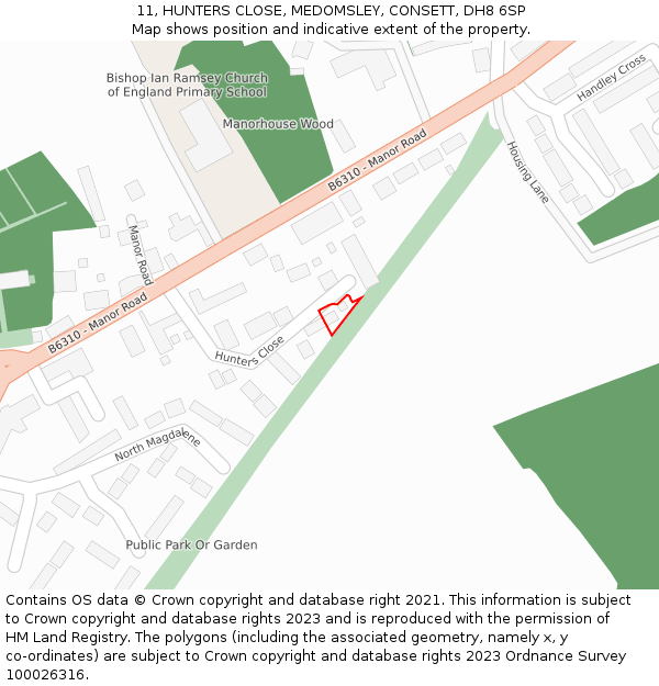 11, HUNTERS CLOSE, MEDOMSLEY, CONSETT, DH8 6SP: Location map and indicative extent of plot