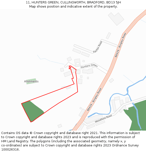 11, HUNTERS GREEN, CULLINGWORTH, BRADFORD, BD13 5JH: Location map and indicative extent of plot