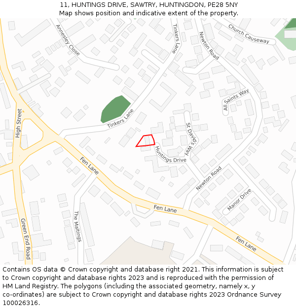 11, HUNTINGS DRIVE, SAWTRY, HUNTINGDON, PE28 5NY: Location map and indicative extent of plot