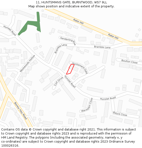 11, HUNTSMANS GATE, BURNTWOOD, WS7 9LL: Location map and indicative extent of plot