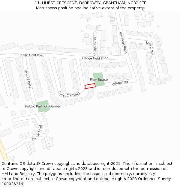 11, HURST CRESCENT, BARROWBY, GRANTHAM, NG32 1TE: Location map and indicative extent of plot